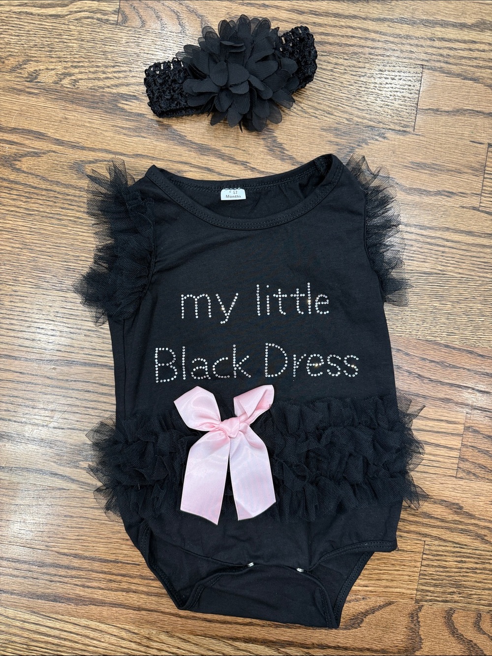 Baby “My Little Black Dress” with pink bow Onesie with Bow Size 12M